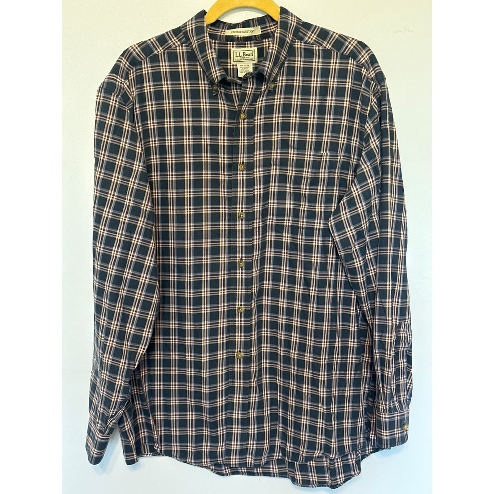 LL Bean Mens Large Cashmere Blend Plaid Button Down Shirt Navy Blue 249962
